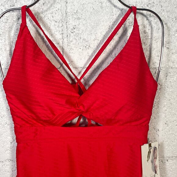 Jessica Simpson Pretty in Pique Twist Front One Piece Swimsuit red Medium - Picture 10 of 10